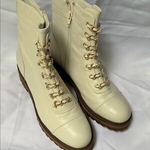 Cecelia Cream Ankle Boots with Gold Chain Detail Size 8 Leather